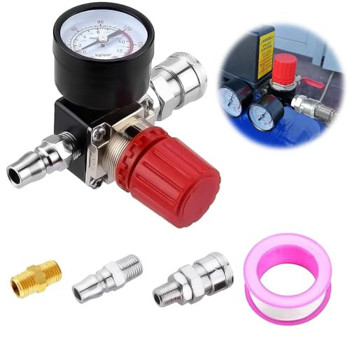 mizikuu 1/4 Druckminderer Druckluft, Druckschalter Regelventil Druckschaltventil mit Manometer 175 PSI Druckregler Kompressor für Luftverdichter, Luftkompressor - 4 Löcher