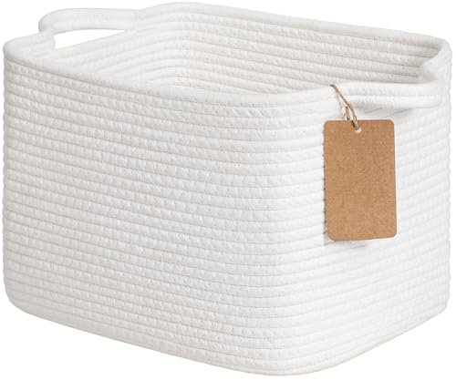 Woven Storage Basket, Cotton Rope Basket for Shelves Closet Organizer, Square Shelf Basket for Toys, Books, Shoes, Decorative Empty Gift Basket for Home Bathroom Decor, 33x25x22.5cm, White