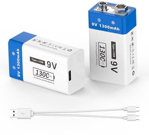 Batteria da 9 V, 1300 mAh, 2025, batterie ricaricabili ai polimeri di litio, per uso domestico, con cavo di ricarica di tipo C, per rilevatori di fumo, microfoni wireless e altro (2 confezioni)