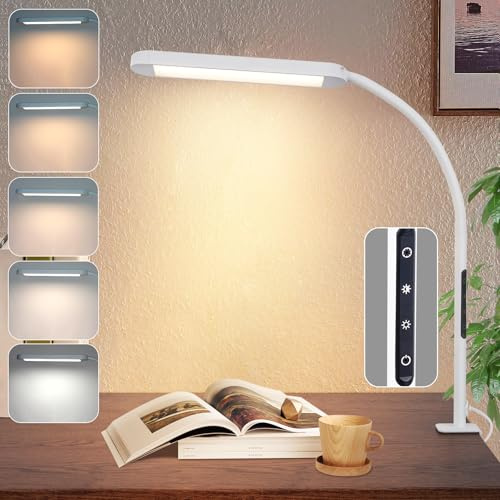 Homefire Schreibtischlampe LED Dimmbar Klemmbar Tischlampe mit Stecker 11W | Bürolampe Tageslichtlampe Weiß 5 Farbtemperatur-Helligkeitsstufen Flexibel Arbeitsplatzleuchte mit Nachtlicht Timerfunktion