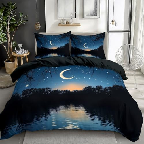 CozyRest 3 Teile Kinder Bettwäsche Set, Wendebettwäsche Mikrofaser, Sternenhimmel Nachthimmel Sterne Bettbezug, 180 x 200 cm Reversible, Schwarz / 80 x 80 cm Kissenbezug, Pflegeleicht