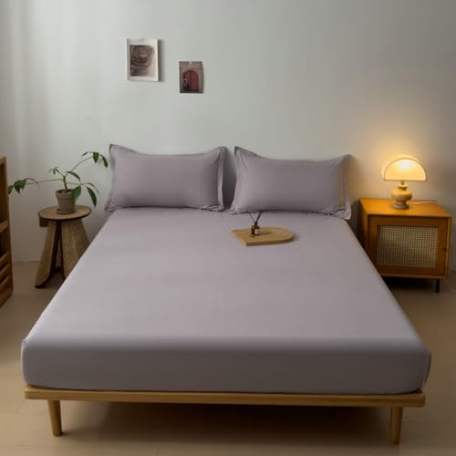 KnSam Lenzuolo da 160 x 200 cm, decorativo, con angoli elasticizzati, in tinta unita, argento, grigio (adatto per materassi di altezza 11-26 cm), comfort durante il sonno, lenzuolo in cotone per letto