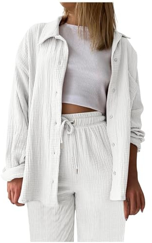 BOSSETY Musselin Bluse Damen Zweiteiler Sets Elegant Freizeitanzug Casual Oberteile und Weite Beine Hose Lange Hosenanzug 2-teiler Set Sommer Herbst Outfit