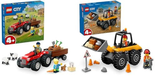 LEGO City Trattore Rosso da Fattoria con Rimorchio e Pecora + Pala Meccanica Gialla per Costruzione 4+ Anni Ragazzi e Ragazze - Scuola Materna 60461 + 60450