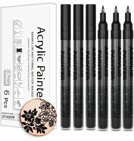 Alitastro Black Acrylic Paint Pens 6 Pcs Permanent Marker Pens Extra Fine | Waterproof, Quick Dry, Non-fading, 0.7mm Water-based Acrylic Pens for Rock Painting Glass Stone Ceramic Metal Fabric Pebble