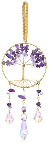 CrystalTears Amethyst Crystal Flower Tree Life Hanging Ornament, Handmade Healing Crystal Gemstone Glass Suncatcher for Home Garden Window Wall Decoration Gifts for Women Men Friends Christmas
