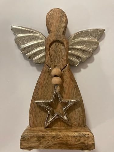 formano Weihnachtsengel Engel Weihnachtsschmuck Figur Deko-Engel 17x14cm aus masssivem Holz mit Stern und Metall-Flügeln, Lieferumfang 1 Stück