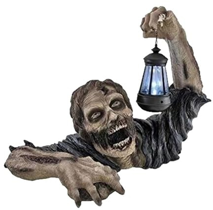Halloween Zombie Statue With LED Lantern, Halloween Skull Statue Decor, Wall Hanging Decoration Character Sculpture Home Ornament, Horror Movie Garden Statues for Outdoor Garden Patio Yard (Black)