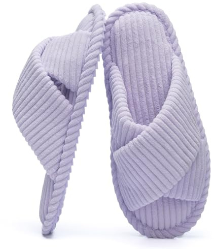 GOEWY Chaussons Femme en Velours Côtelé - Mousse Mémoire, Bout Ouvert, Brides Croisées, Semelle Antidérapante - Confort Tendance, Idée Cadeau(Violet,40/41)