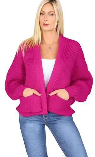 AFR Ladies Balloon Sleeve Short Cardigan Women's Open Front Two Pocket Puff Sleeves Oversized Chunky Knitted Cardigan Loose Fit One Size (12-18) (Fuchsia)