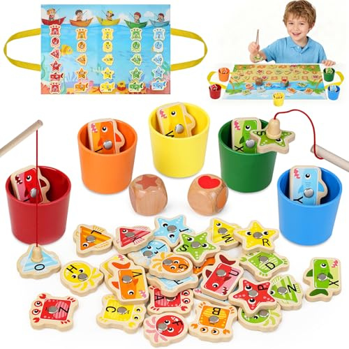 Joozmui Montessori Toys for 2 3 Year Olds Boy Girl, Wooden Fishing Game Toddler Toys Montessori Early Development & Activity Toys Educational Toys for 2 3 Year Olds Color Sorting Sensory Toy