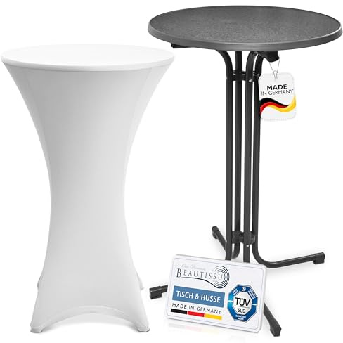 Beautissu Grauer Outdoor Stehtisch klappbar mit Husse wetterfest TÜV | 70cm Weiß wetterfester Partytisch mit Stretch Stehtischhusse platzsparender Bistrotisch Gastro-Qualität Stella Bartisch Sylt