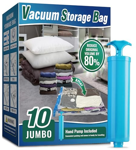 Oumaru Vacuum Storage Bags for Clothes, Vacuum Bags, Space Saver Bags for Clothes, Duvets and Pillows, Hand Pump Included, Pack of 10, Jumbo Size