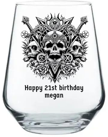 Personalised Gothic Skull Wine Glass – 315ml Clear Stemless Glass with Dark Mountain Design, Custom Name Birthday Gift for Gothic, Witchy & Fantasy Lovers