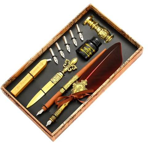 Pluma pluma y juego de tinta - Kit de pluma de inmersión de caligrafía vintage | Kit de sellos de actualizado con puntas de repuesto, bolígrafo de lujo Vintage Signature Pen Set de regalo