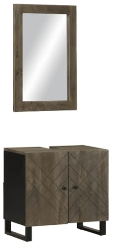 Ziaphsol 2-TLG. Badmöbel-Set Schwarz Massivholz Mango, 62x33x58cm Unterschrank mit Türen, 50x70cm Spiegel, Metallfüße, für Badezimmer