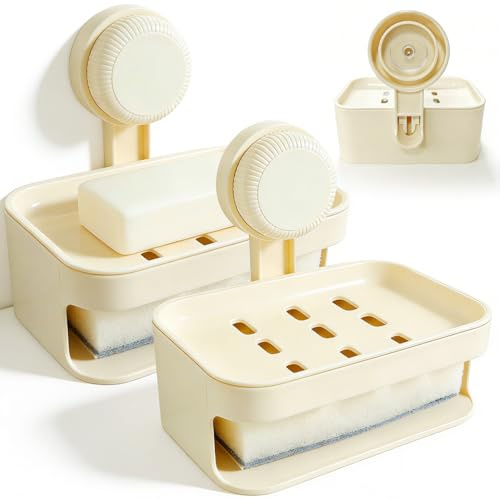 Set de 2 Jabonera con Ventosa de Doble Capa con Drenaje, Jabonera Ducha de Pared con Ventosa Sin Taladro, con Esponja, para Jabón, Esponjas y Accesorios de Cocina y Baño, Color Blanco Crema