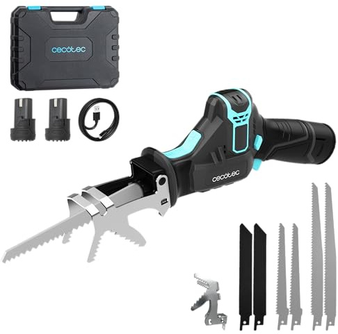 Cecotec Scie Sabre LongFlex 1200 Home&Garden, 550W, Inclut 2 Batteries de 12V, Coupes jusqu'à 65mm avec Course de 20mm, Accessoire pour Couper les Branches, Inclut 6 Lames et Mallette