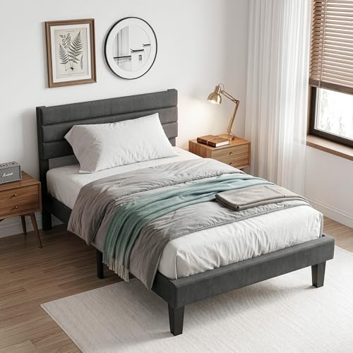 LEADZM Polsterbett 90x200cm Doppelbett, Grau | Bett 90x200 mit Lattenrost aus Holz und Verstellbares Kopfteil, Leinen