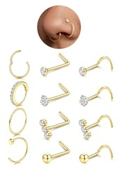 CASSIECA 12 Stück Set Nasenpiercing 316L Chirurgenstahl 20G Nasenring Hoop L-Form Spirale Nasenstecker Silber Gold Zirkonia Nostril Septum Piercing Schmuck Damen Herren