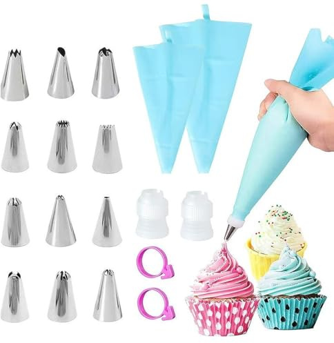 Juego de 18 Piezas de Mangas Pasteleras y Boquillas, 12 Boquillas de Acero Inoxidable y Mangas Reutilizables, Kit de Repostería para Tartas y Cupcakes