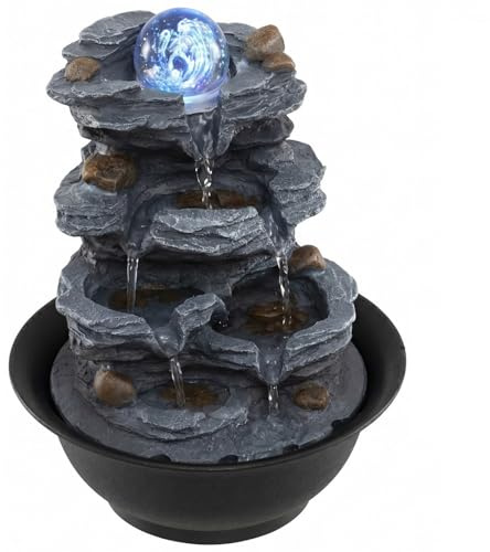 TANGZON Indoor Fountain, Tabletop Water Fountain with LED Light & Adjustable Flow, Rockery Waterfall Feature for Home Office Decor, 3 Pin UK Plug Included (21.5 x 21.5 x 26.5cm, Mountain with Ball)