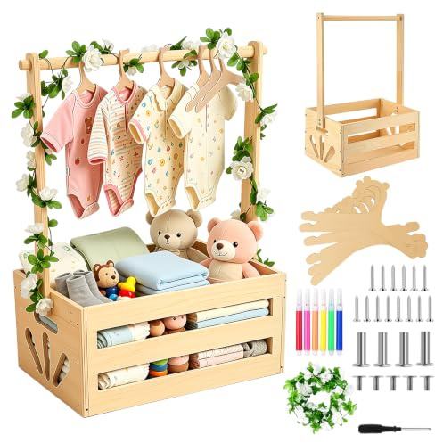 Barnkorg i trä med handtag, presentförpackning, babyförvaringskorg med hängare och girlanger, babyshower dekoration, present till graviditet, flicka och pojke (träfärg)