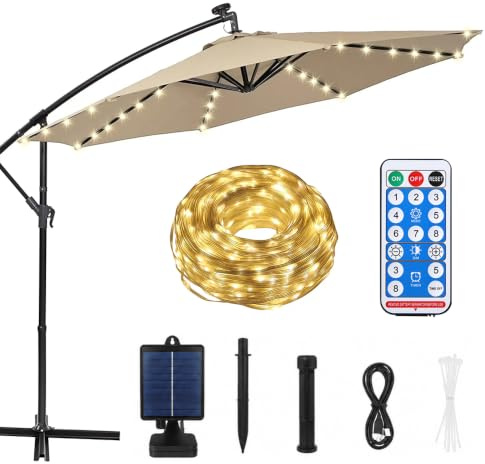 Udbrud Illuminazione solare per ombrellone, 104 LED, con telecomando, impermeabile, decorazione per ombrellone, campeggio, tende, feste