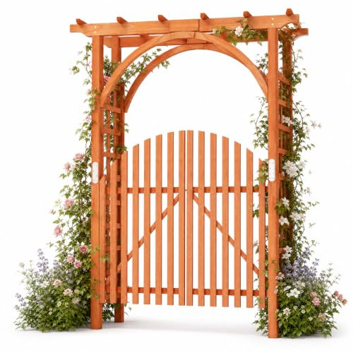 COSTWAY Rosenbogen mit Tür, Gartenbogen Holz, Torbogen Garten | Rankbogen mit Hängedach & Rankgitter für Kletterpflanzen, Rankhilfe Tannenholz, 161 x 60 x 215,5 cm, Orange