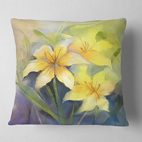 Design Art CU14108-16-16 Kissen und Kissenbezug mit Wasserfarben-Gemälde, gelbe Lilie, Blumenmuster, für Wohnzimmer, Sofa Dekokissen, Polyester, 16 in. x 16 in