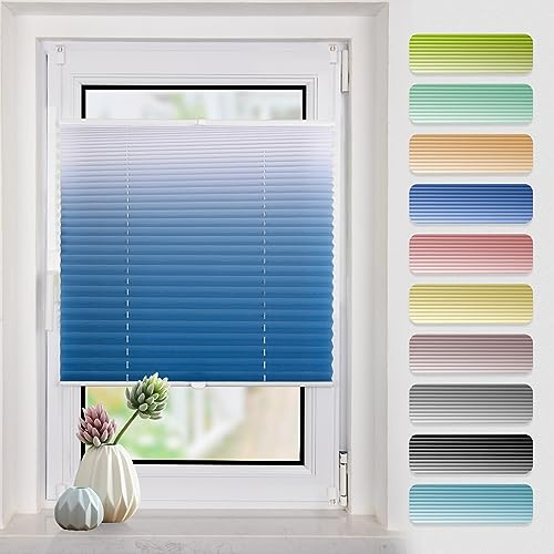Plissee mit Farbverlauf 90x120cm(BxH) Blau-Weiß plissees klemmfix ohne Bohen Blickdicht Faltrollo Lichtdurchlässig Rollos für Fenster ohne Bohren