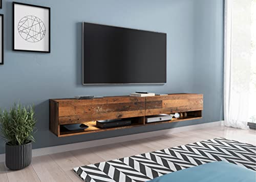 PIASKI - Lowboard A, Mobile TV da 180 cm, colore legno invecchiato, mobile sospeso per soggiorno (con illuminazione a LED)