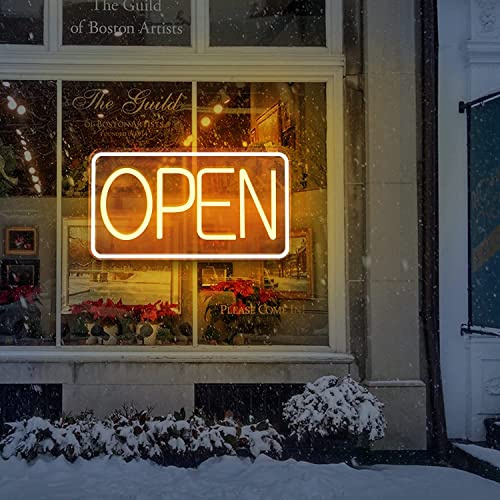 SOLIDEE LED OPEN Neon Schild Angetrieben durch USB Neon sign mit dimmbaren Schaltern Leuchtreklame für dekorative Party Bar Pub Hotel Shop Café Restaurant Spielzimmer Zeichen（gelbliches Weiß）