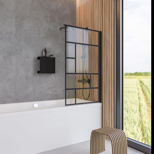 Schulte Badewannenaufsatz 80 x 140 cm, 1-teilige Duschwand für Badewanne, 5 mm ESG Sicherheitsglas Dekor Atelier 1 mit fixil Glasbeschichtung, Black Style, Schwarz matt