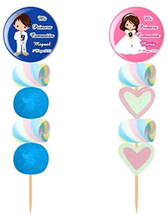 Lote de 30 Originales Brochetas de Golosinas Personalizables Chapa Alfiler Comunión (A Elegir). Recuerdos. Detalles y Regalos para Fiestas de Cumpleaños, Bodas, Bautizos.DC. (NIÑA)