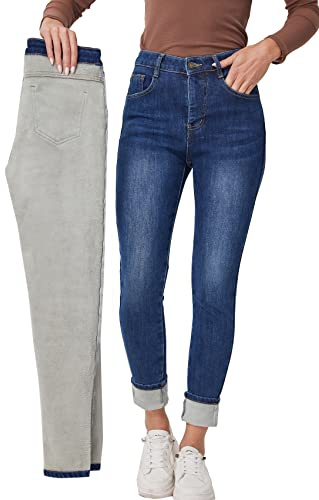 Fakanhui Women's Fleece Lined Jeans Winter Flannel Lined Jeans Thermal Denim Warm Jeans
