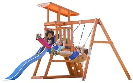 Dolphin Playground Wooden Swing Sets for Backyard, Playground Sets for Backyards with Slide, Sandbox, Climbing Wall, and 2 Belt Swings, Outdoor Playset, Backyard Playground Set, Ages 2-6