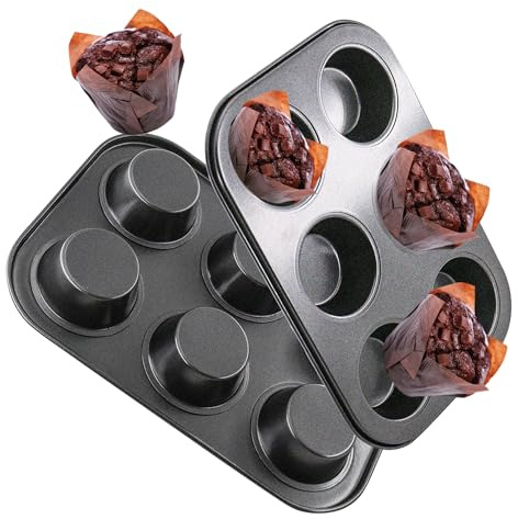 DRAONGYE 2er-Pack runde Muffin-Backform, Premium-Stahl-Muffinform zum Backen, Cupcake-Form Käsekuchenformen, Backgeschirr Muffin-Top-Pfanne (6 Mulden, schwarz)