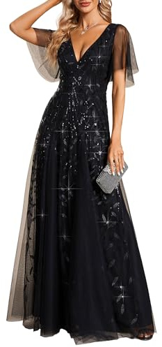 Ever-Pretty Women's V Neck Short Sleeve Elegant Floor Length A Line Long Tulle Evening Dresses Black 16UK
