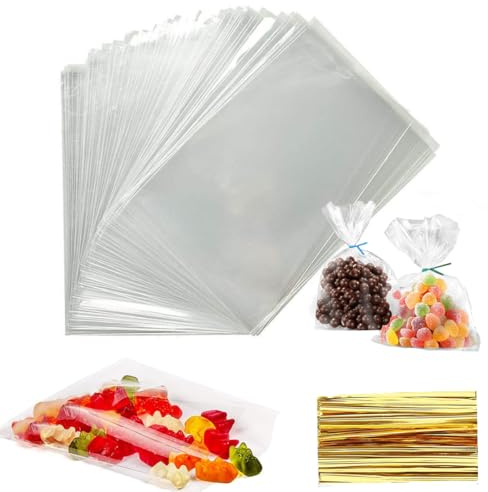 200 Stück Süßigkeiten Tüten,10 x 15 cm Durchsichtige Cellophantüten | Süßigkeiten Geschenkbeutel mit 200+ bunten Krawatten Brot Transparente Cellophantüten in mehreren Größen