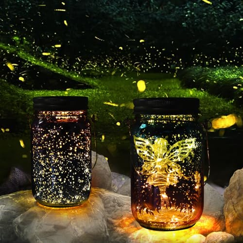 2 Pack Solar Fairy Lantern Outdoor, Garden Ornaments IP55 Waterproof Hanging Frosted Glass Solar Mason Jar Lights for Table, Yard, Garden, Patio, Lawns