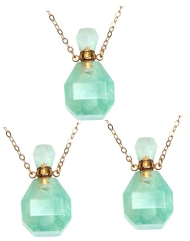 Zerodeko 3pcs Fluorite Perfume Refillable Bottle Crystal Pendant Necklace Essential Oil Holder Vintage Jewelry Metal Chain Pendant