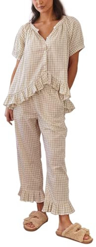 Owegvia Womens 2 Piece Gingham Pajama Set Short Sleeve Plaid Print Button Up Shirt + Ruffle Bell Gingham Pants Set Loungewear (Light Khaki, M)