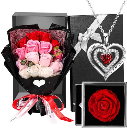 Regalos de San Valentín para Mujer, Ramo de Flores Preservadas Regalos Aniversario Cumpleaños para Madres Hermana Madre Novia, Collar De Caja De Regalo De Joyería Rosa, Regalo de San Valentín