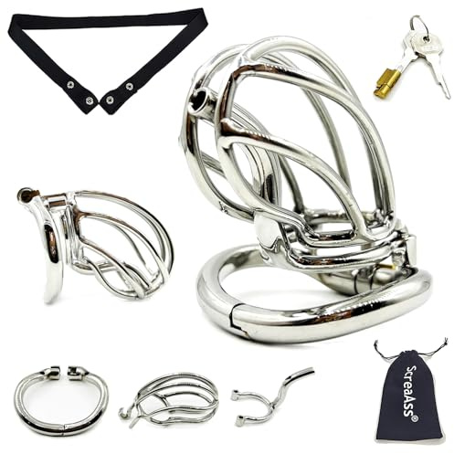 ScreaAss Edelstahl PA Piercing Keuschheitskäfig Herren Atmungsaktiver Peniskäfig Mit 3.0 Verstellbarer Cockringe Und Tragbarer Gürtel SM Klein Metall Chastity Cage Extrem SM Sexspielzeug,Silber,57mm