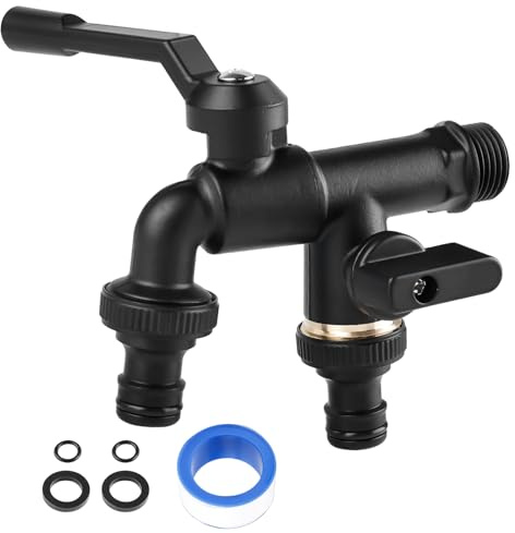 Wasserhahn Garten, Doppelwasserhahn, Außenwasserhahn Frostsicher, 1/2 Zoll aus MessingWasserhahn Waschmaschine Wasserhahn, Rost-und FrostsicherWasserhahn mit 2X 1/2 Zoll Abgänge, Schwarz (20MM)