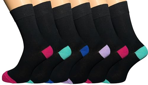 6 pairs WOMENS NON ELASTIC DIABETIC SOCKS GENTLE GRIP - LADIES COTTON SOCKS FOR SWOLLEN LEGS AND FEET - SOFT TOP SOCK FOR WOMEN One Size 4-7 UK(UK, Alpha, One Size, Regular, Regular, Colored Heel&T)