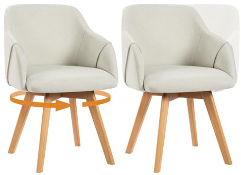 Bekrvio Juego de 2 sillas de comedor giratorias 360°, silla tapizada con reposabrazos, tapizada en tela, patas de madera, diseño de Century, cómodas sillas de cocina para comedor y salón (blanco, 2