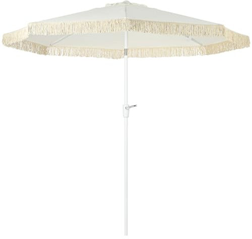 Outsunny Ombrellone da Giardino 2.6x2.4 m Inclinabile con Frange, Ombrellone da Terrazza con Manovella e Palo a 2 Sezioni, Ombrellone da Esterno a 8 Stecche in Poliestere, Protezione UV, Bianco