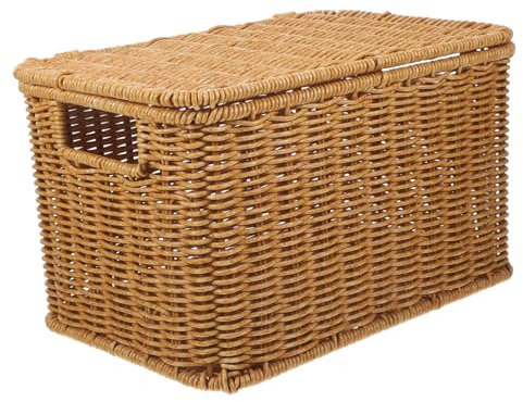 Alipis Woven Storage Basket Lid Small Size Handcrafted Rattan Style Clothes Organizer Box for Home Toy Storage and Wardrobe Organization